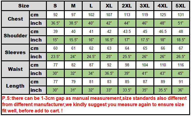 Size chart jacket